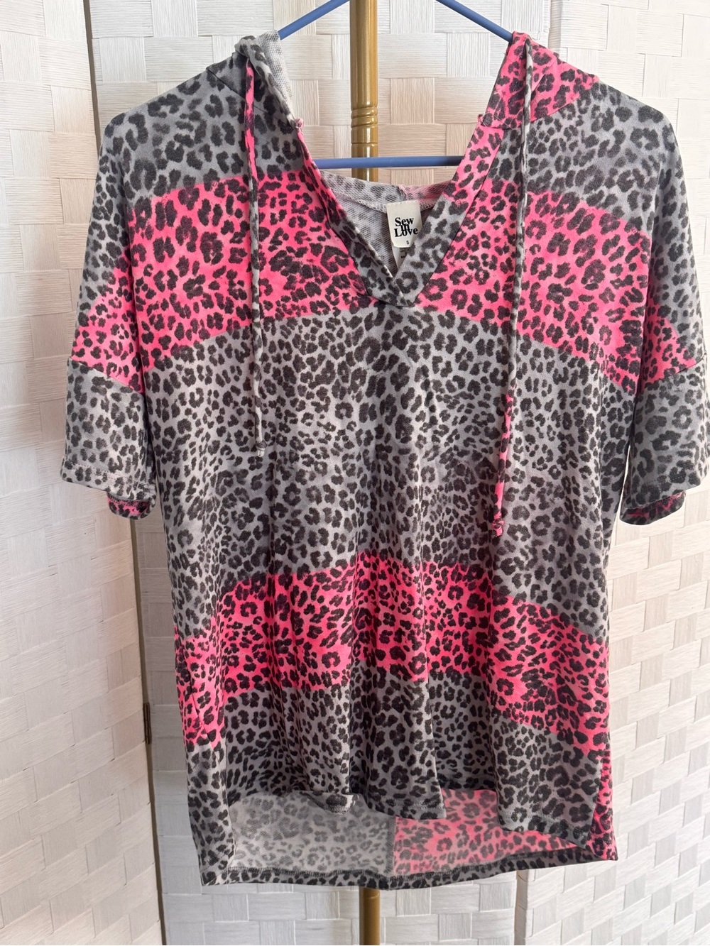 Sew In Love Pink and Gray Leopard-Print Short Sleeve Hoodie
